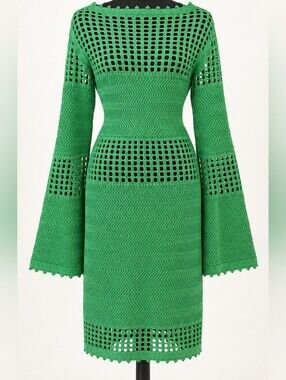 Edited by Remade Green Crochet Bell-Sleeve Dress NWT XL
